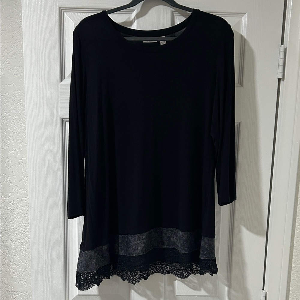 LOGO by Lori Goldstein Black Tunic with Lace Hem